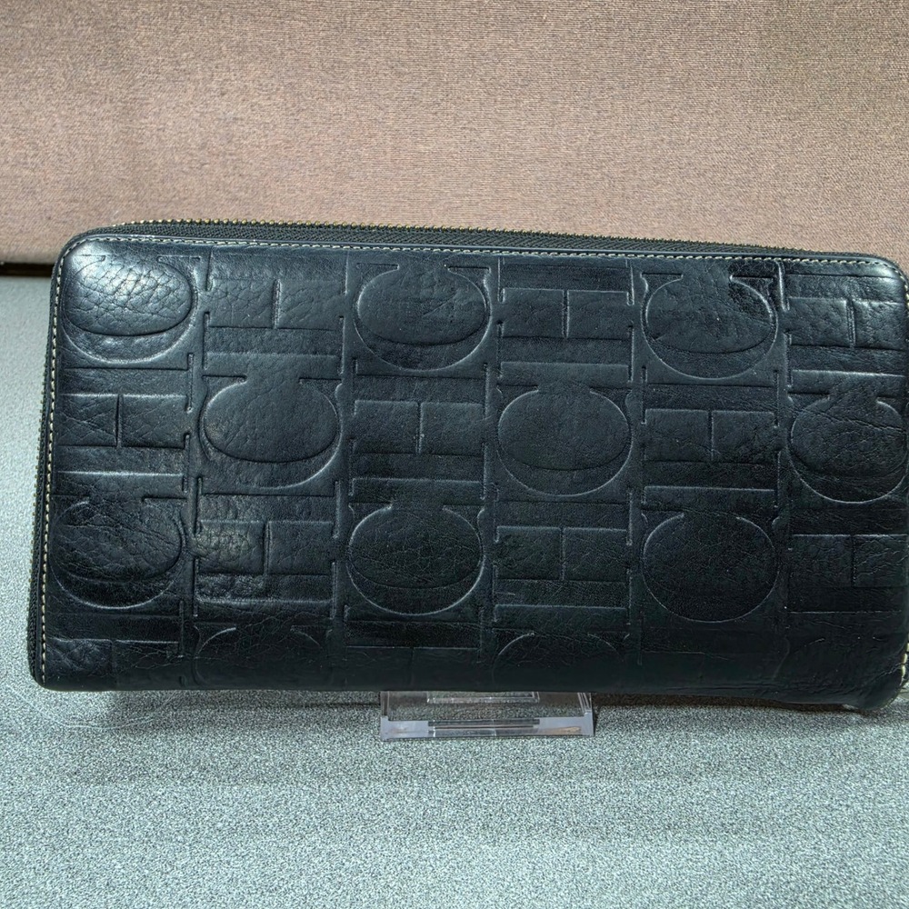 Carolina Herrera Wallet Women Black Good Embossed CH Monogram Leather Zip Around